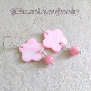 Sweet Feminine Girlie Flower Summer Earrings: Pink Shell + Pink Agate